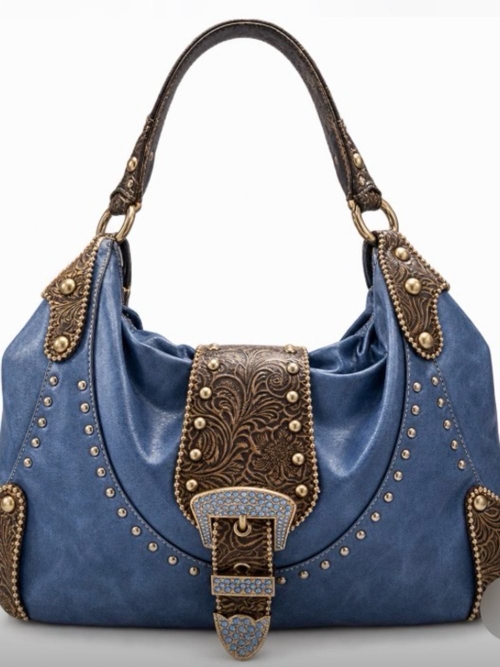 Kathy Van Zeeland Blue Shoulder Bag with Embossed Brown Trim and Studs